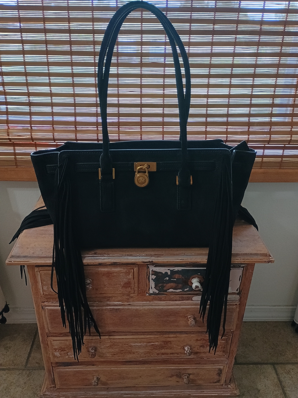 Black Fringe Tote Handbag with Gold Hardware